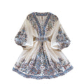 Accessible luxuryfrench palace style printingdress women's v neck puff sleeves waist design niche style socialite elegant skirt