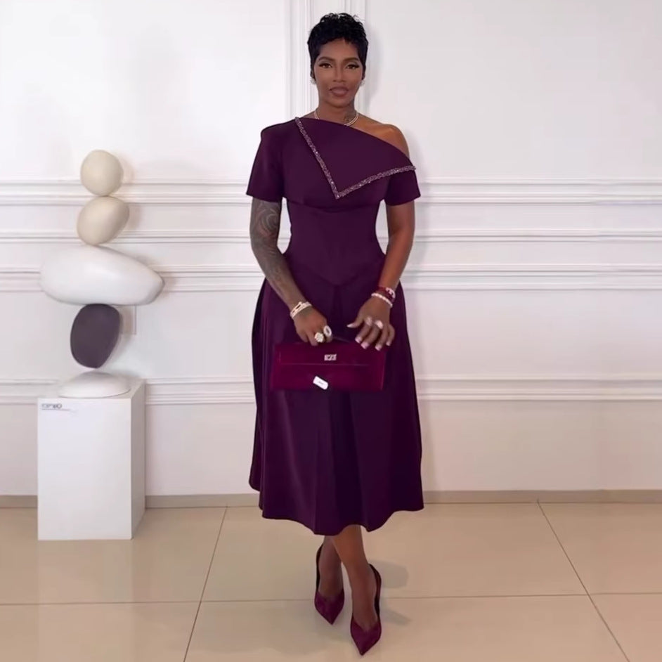 European and american cross-border women's fashion:  summer new arrival - elegant one-shoulder midi dress with cinched waist and short sleeves