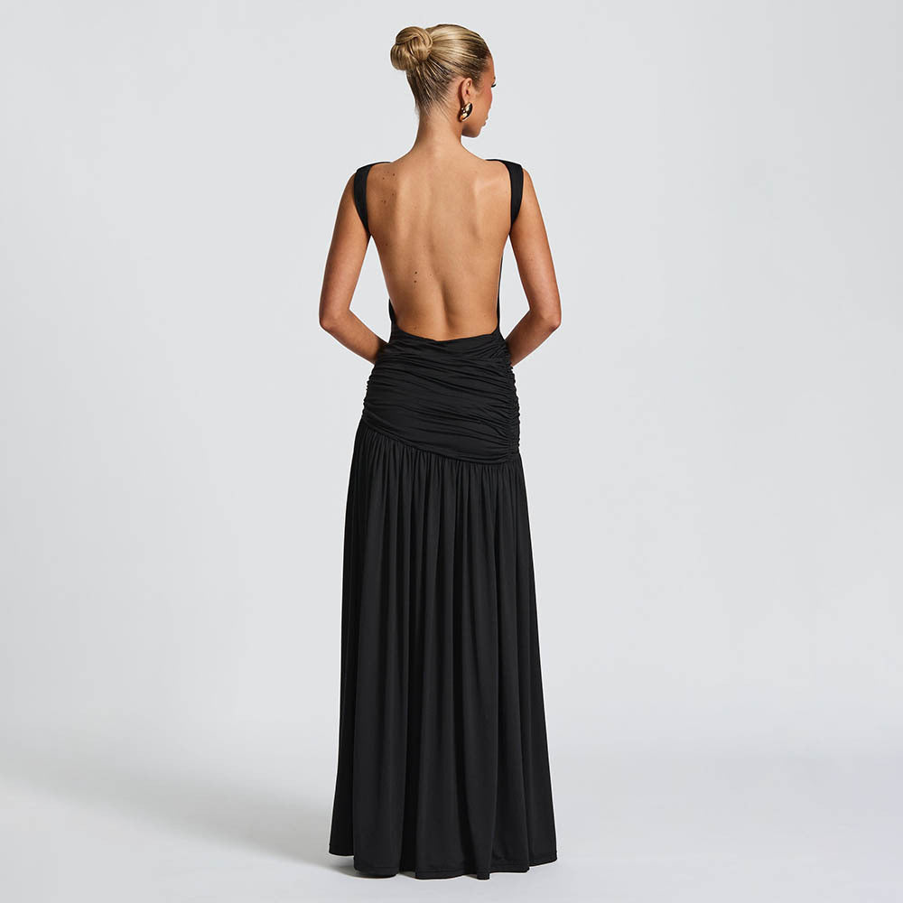 fashion spring/summer new arrival: sleeveless, backless, pleated, and patchwork sexy bodycon dress with elegant ribbon detail