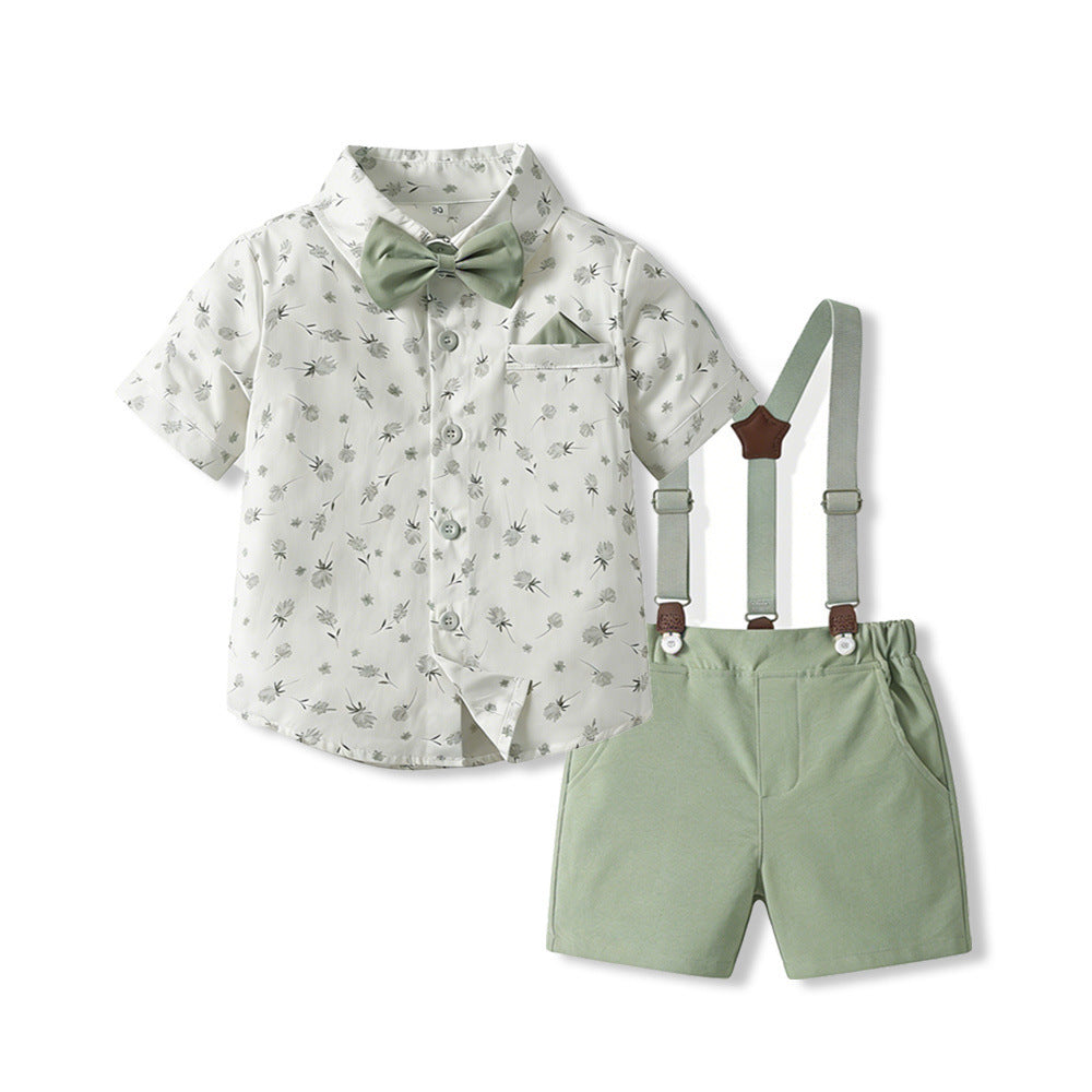 new arrival: korean style children's gentleman outfit - suspender set for boys, featuring a printed short-sleeve shirt