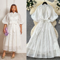 French yellow lace embroidery short sleeve dress women's summer high waist a-line dress commuter elegant long dress