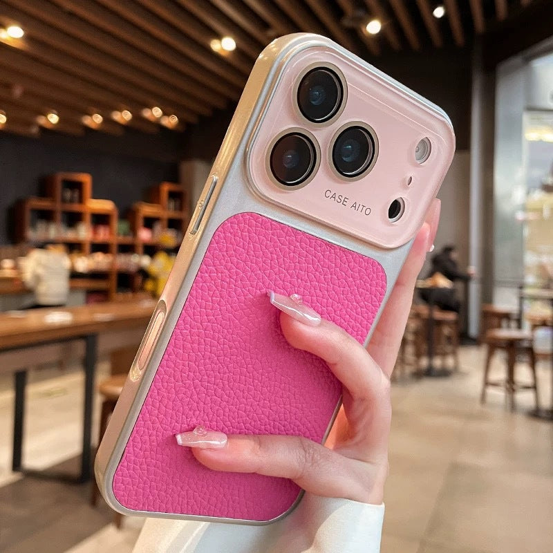Suitable for iphone17pro lens large window lychee leather pattern mobile phone case apple 15 business case lychee pattern