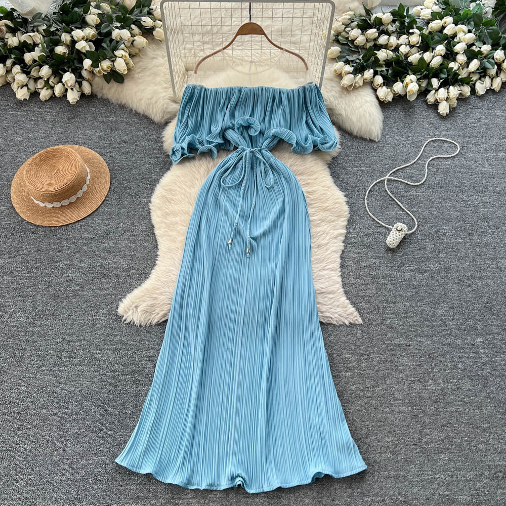 French one-shoulder ruffle tie-up dress - women's summer slimming a-line pleated maxi dress - vacation style