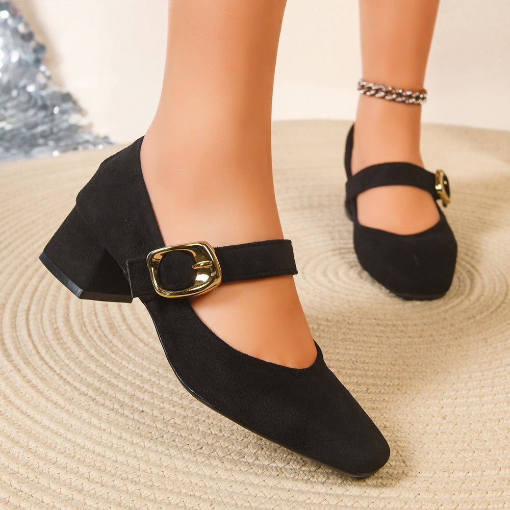 Retro thick heel suede square toe flats women's  spring & fall new arrivalfleece-lined leopard print one-word buckle mary jane shoes