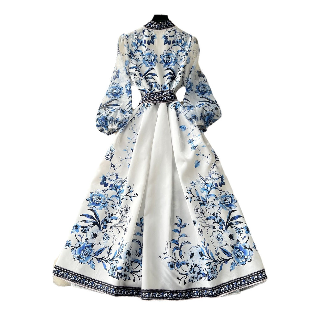 European and american retro court style printed dress - women's designer cinched waist tie-up v-neck lantern sleeve knee-length evening gown