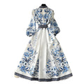 European and american retro court style printed dress - women's designer cinched waist tie-up v-neck lantern sleeve knee-length evening gown