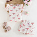 european and american girls' short-sleeve top and shorts set - bow print summer fashion two-piece outfit