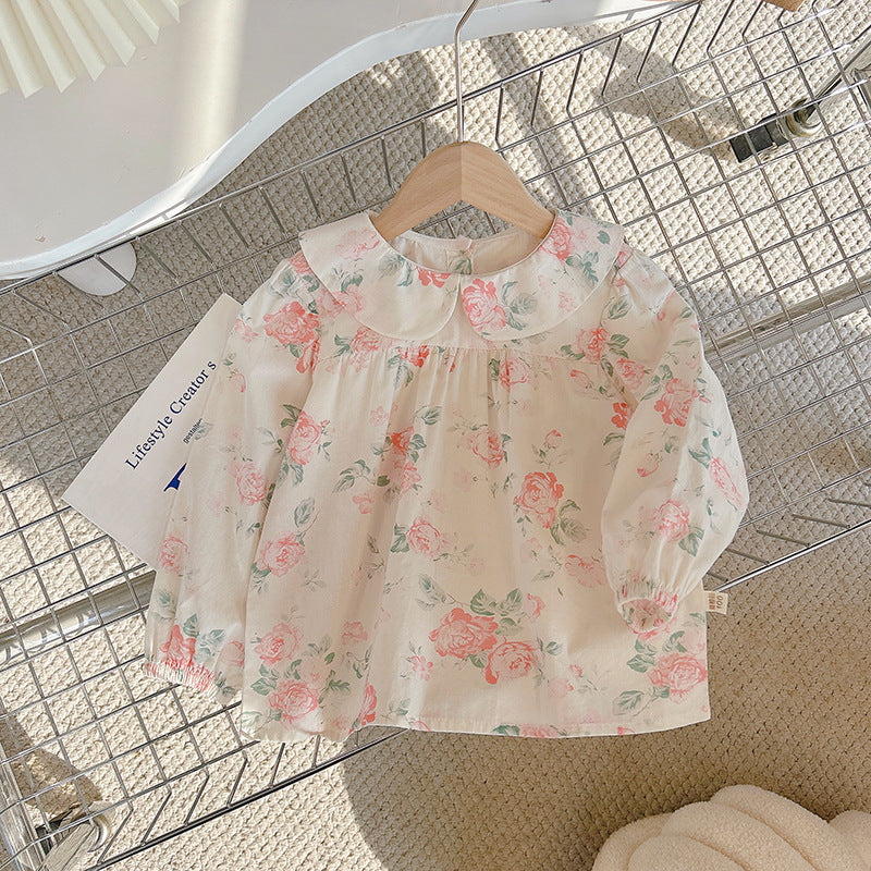 Girls'  autumn new arrival long-sleeve doll shirt with turn-down collar, spring/autumn chic embroidered blouse, korean style baby shirt, trendy