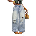 Fashionjeans women's high waist side flap pocket pants big holes raw edge loose pants washed retro hot girl mop pants
