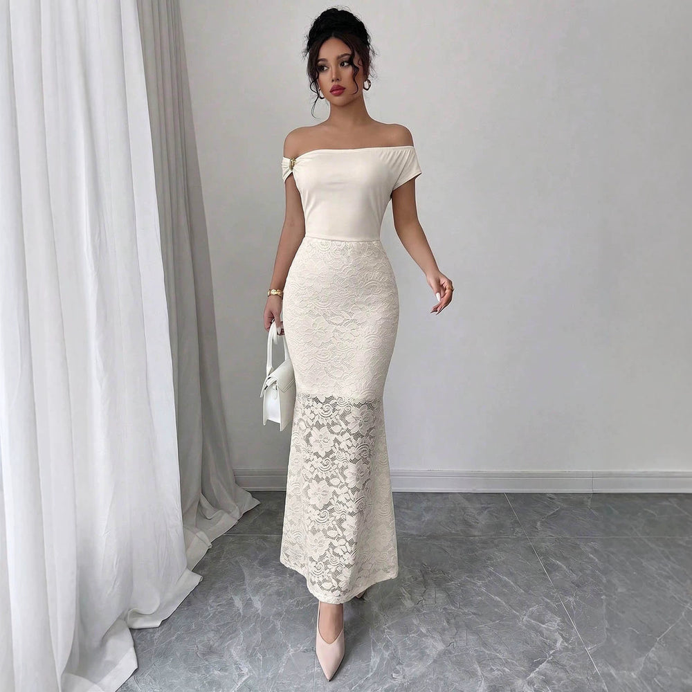 Export light mature style lace dress metal buckle off-shoulder topspatchwork full body pattern lace silm fishtail long
