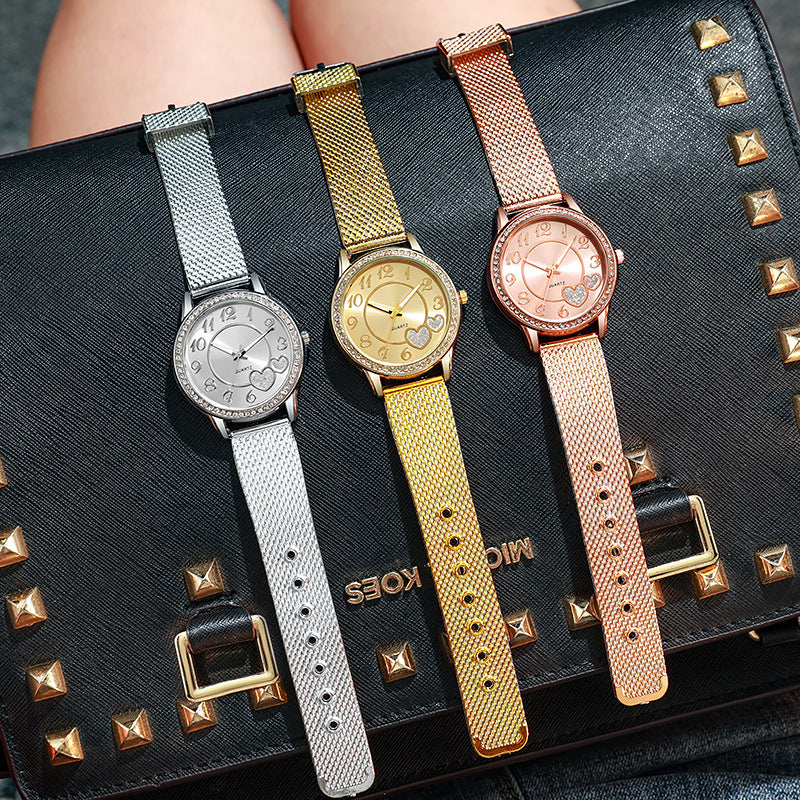 New fashion cross-border heart mesh strap quartz watch student rose gold heart diamond ladies watch wholesale silver