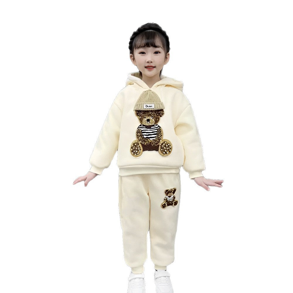 Girls' fall/winter outfit set : stylish, fleece-lined, thickened kids' winter sweatshirt and vest three-piece set