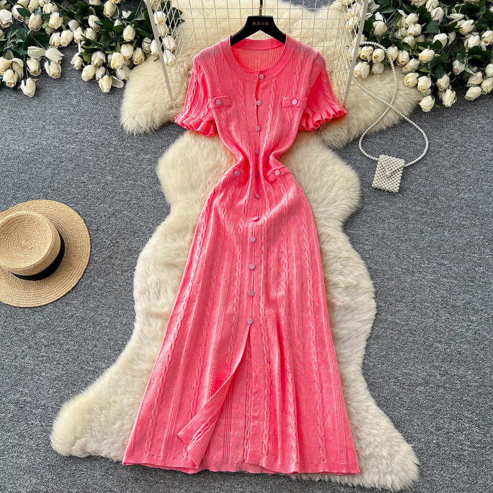 European and american style minimalist elegant knitted dress - women's summer single-breasted hollow-out slimming design - chic long dress