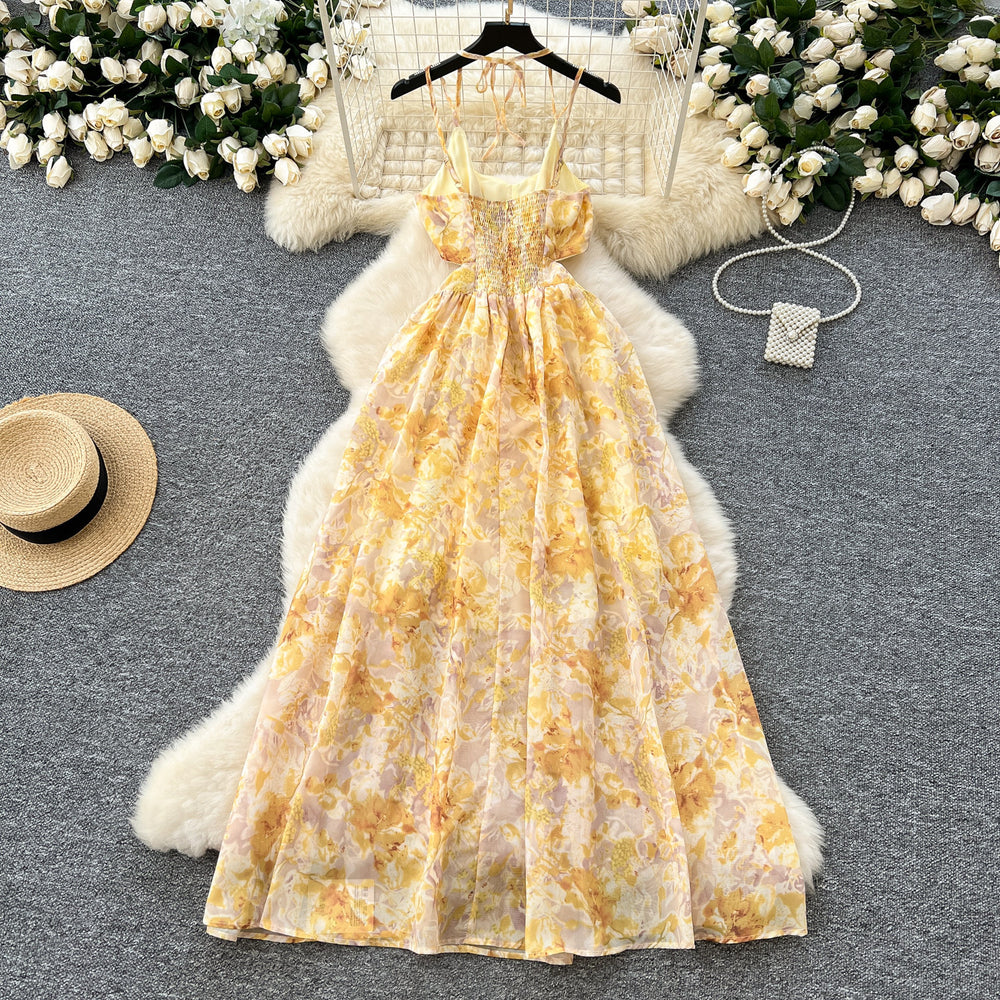 Tea break frenchretro floral chiffon dress women's  spring sexycut out halter suspender vacation long dress