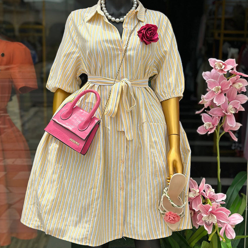 European and american cross-border women's fashion:  summer new arrival - elegant yellow striped bubble sleeve tie-waist dress