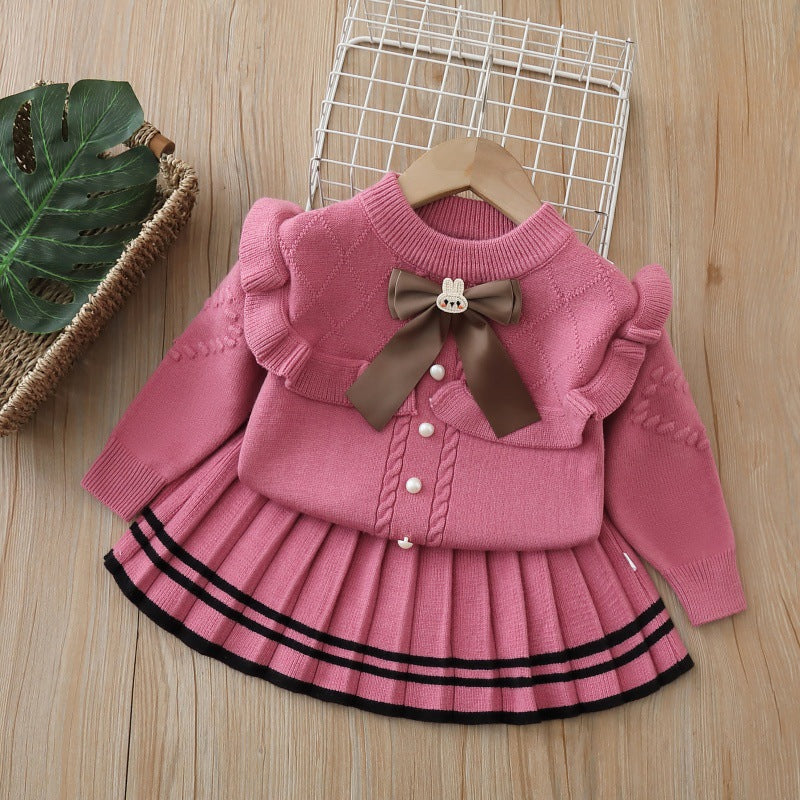 Girls' cardigan sweater two-piece set -  autumn collection - baby girl outerwear with cartoon bow detail - girls' outfit
