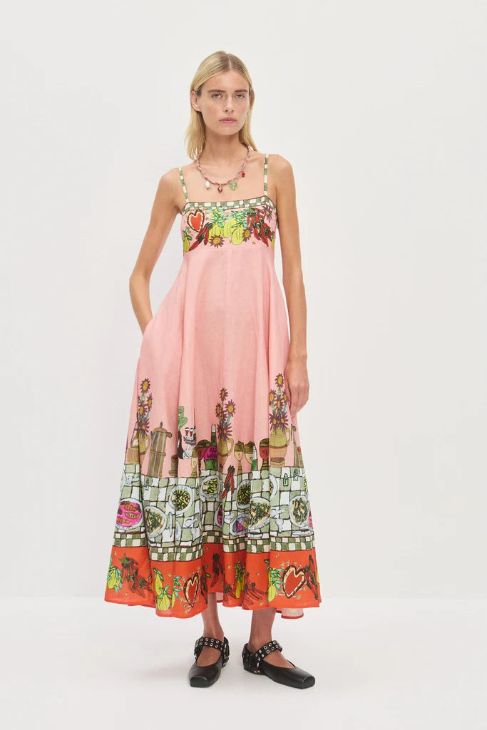 cross-border  women's new elegant high-waisted cotton linen printed camisole casual fashion dress