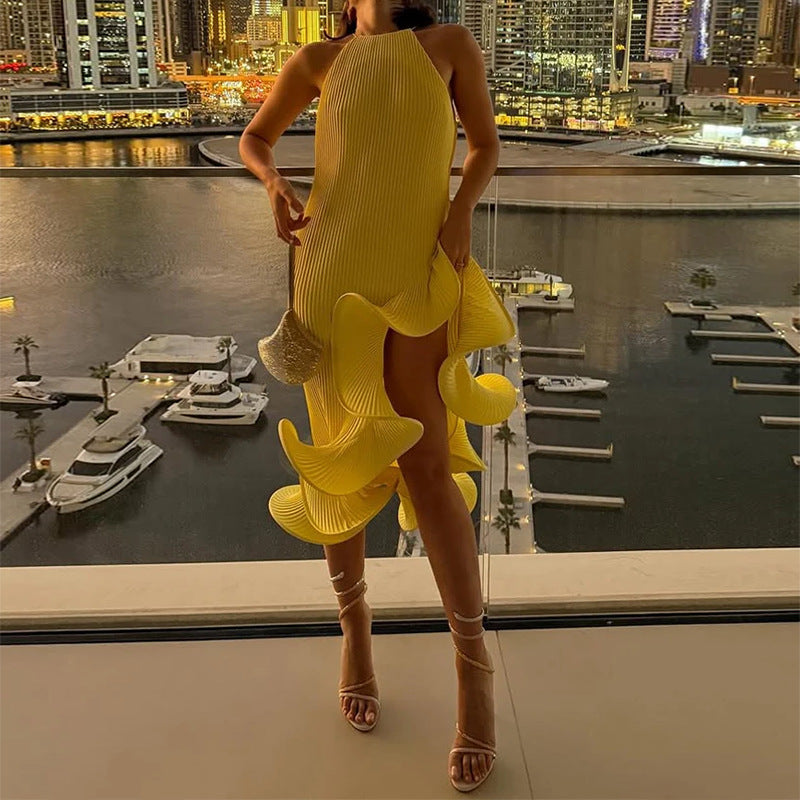 cross-border e-commerce women's fashion: european and american summer new arrival - sleeveless halter neck ruffle trim slit pleated dress