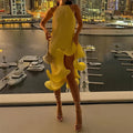 cross-border e-commerce women's fashion: european and american summer new arrival - sleeveless halter neck ruffle trim slit pleated dress