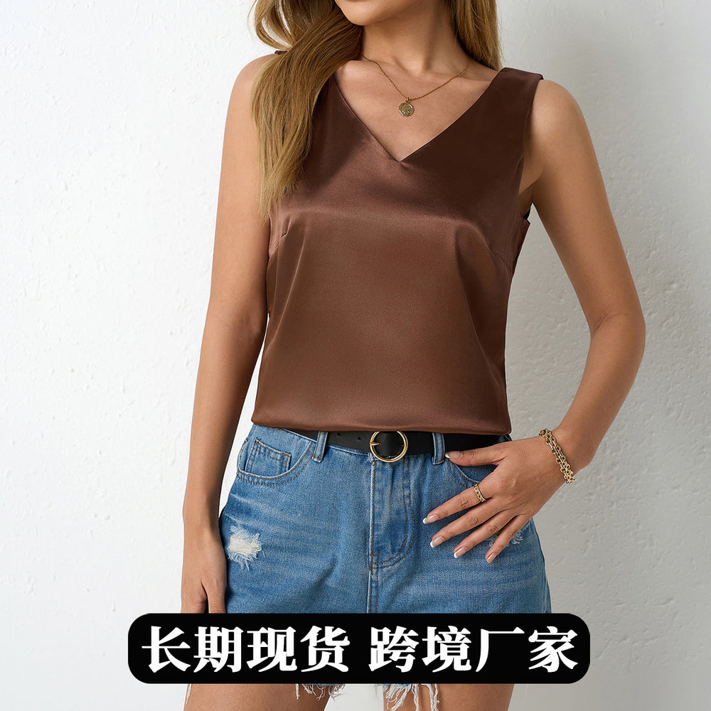 Real shot european and american cross-border women's spring and summer new arrival satin vest v neckcasual camisole shirt summer wholesale