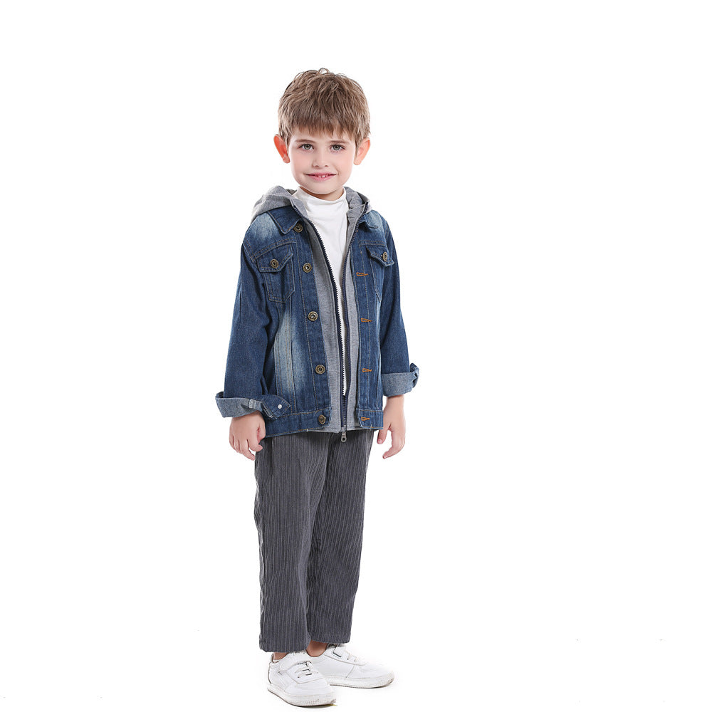 Kids' faux two-piece denim jacket - new autumn/winter hooded fashion casual top for boys and girls - wholesale for export