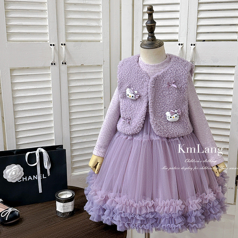 【in stock】girls' outfit  winter new arrival: hello kitty plush vest & fleece tulle skirt sweet princess two-piece set