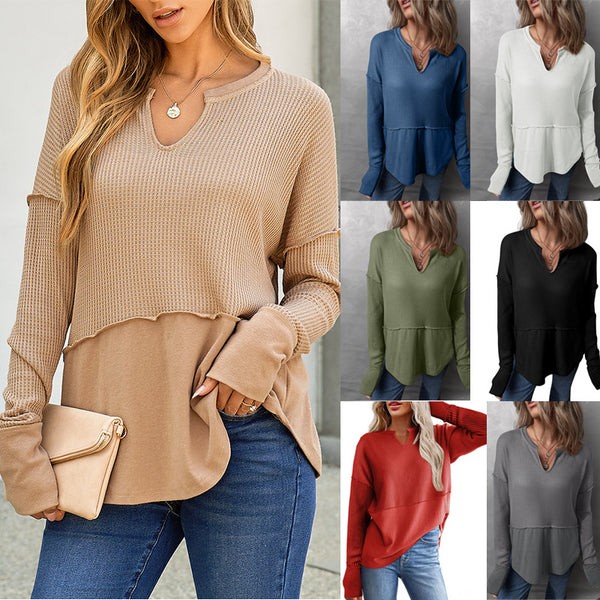2025 autumn and winter   European and American women's casual shirt solid color long-sleeved splicing solid color loose sweater women's top
