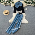 Stylish women's fall/winter outfit: premium patchwork long-sleeve denim top & high-waisted, slimming wide-leg straight-leg pants two-piece set