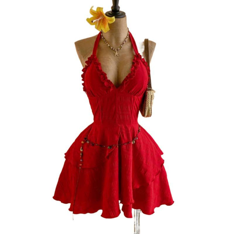 Women's summer fashion casual solid color halter backless asymmetrical hem mini dress (waist chain not included)