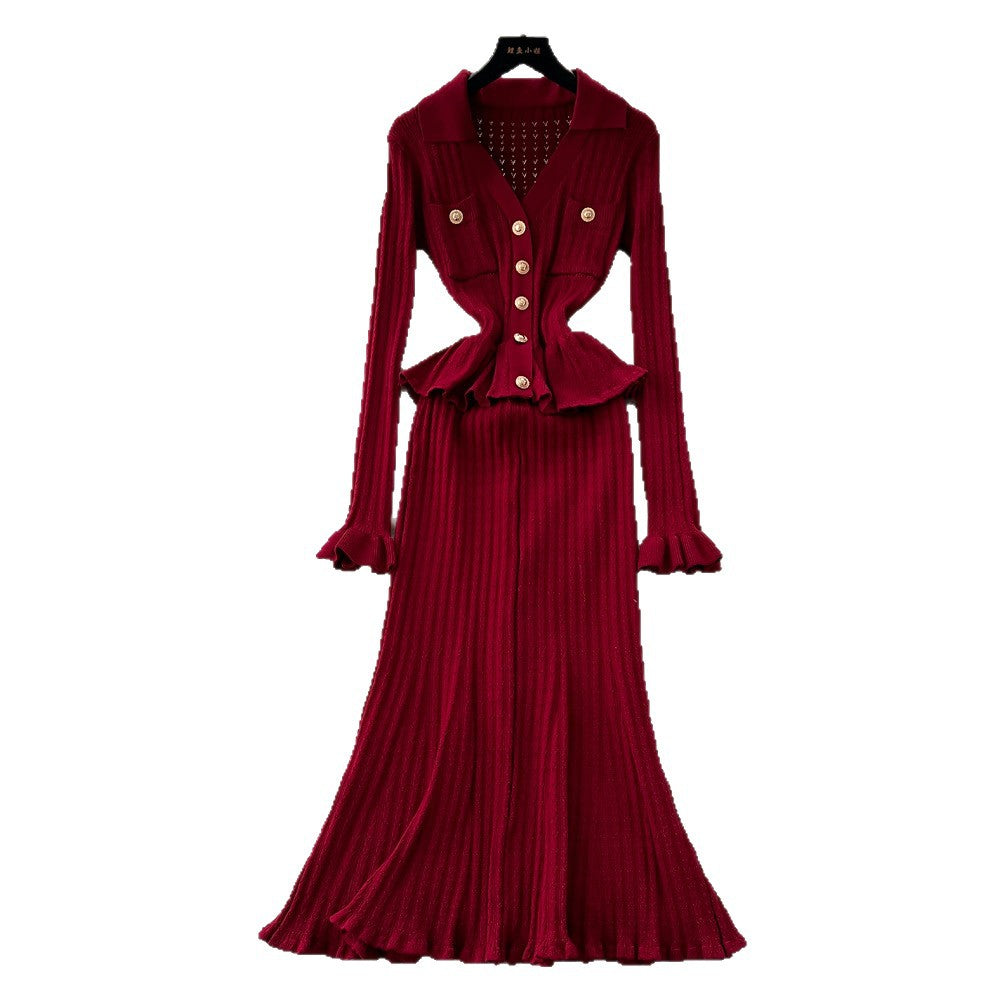 Xiaoxiangfengclassy sense of celebrity heavy industry metal buckle v neck waist rufflespatchwork waist knittingdress female