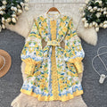 French court style lantern sleeve printed dress - women's summer korean slim fit a-line dress - figure flattering, waist defining, commute friendly
