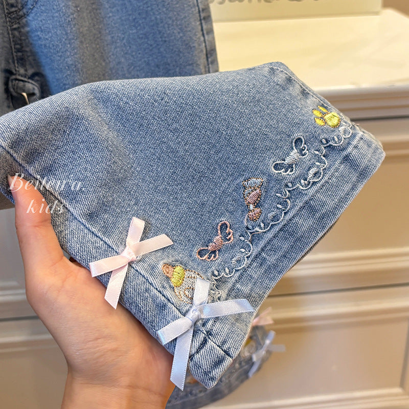 New girls' autumn collection: versatile cartoon embroidered bow denim jeans - korean style casual fashion for baby girls