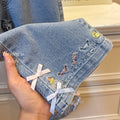 New girls' autumn collection: versatile cartoon embroidered bow denim jeans - korean style casual fashion for baby girls