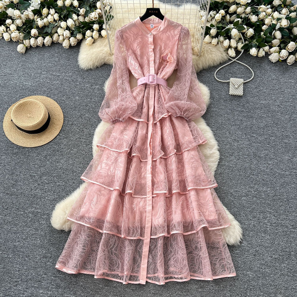 French chic luxury beaded floral tie-waist lantern sleeve single-breasted lace ruffle dress
