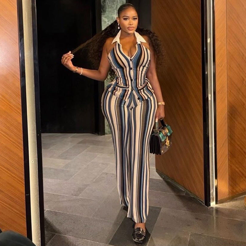 European and american style ins foreign trade women's personalized striped slim-fit pantsuit v-neck button fashion print two-piece set