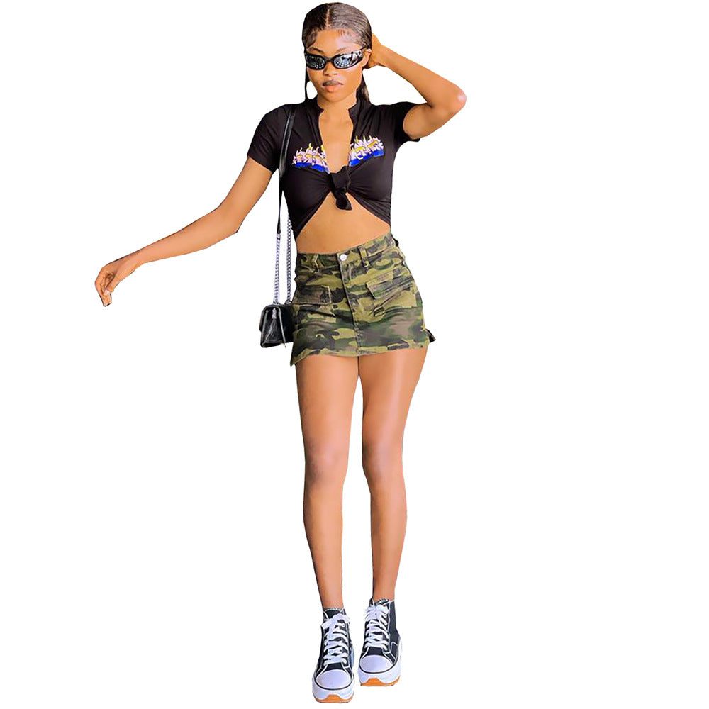 European and american cross-border women's fashion: -style streetwear sexy denim skirt - large pocket printed camouflage midi skirt