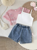 spring/summer new european and american style girls' hollow-out cardigan, solid color camisole + bowknot denim jeans three-piece set