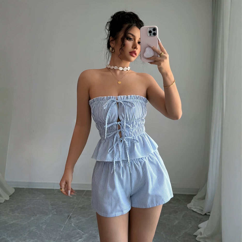 summercasual sleeveless stripesruffles strapless tops elastic shorts two-piece setsuitfashion