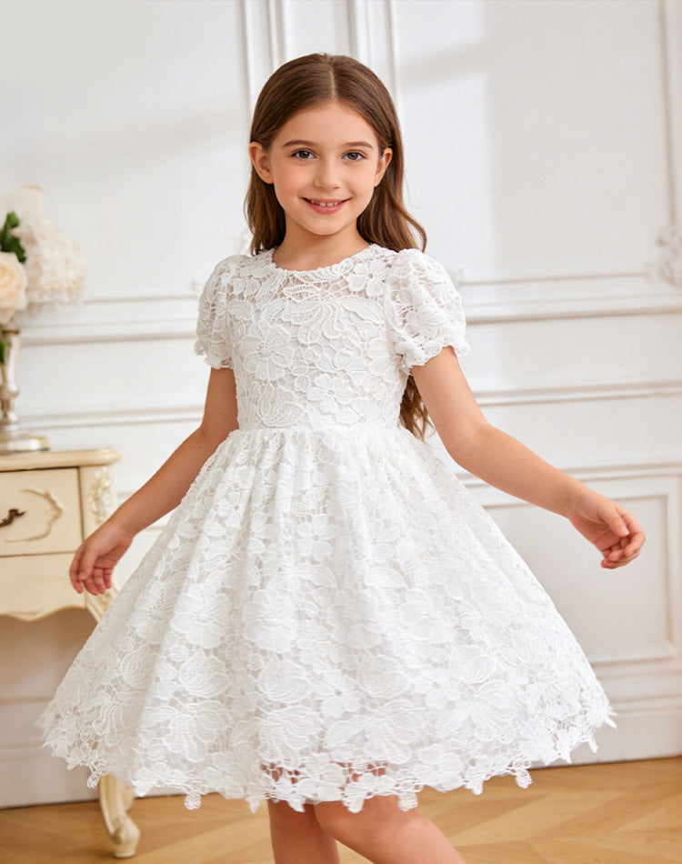 wholesale girls' dresses: lace-trimmed midi skirts, white minimalist style, children's clothing