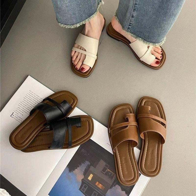 Women's thong sandals - new 2025 summer korean style retro minimalist design - perfect with skirts, wearable outdoors, flat roman sandals