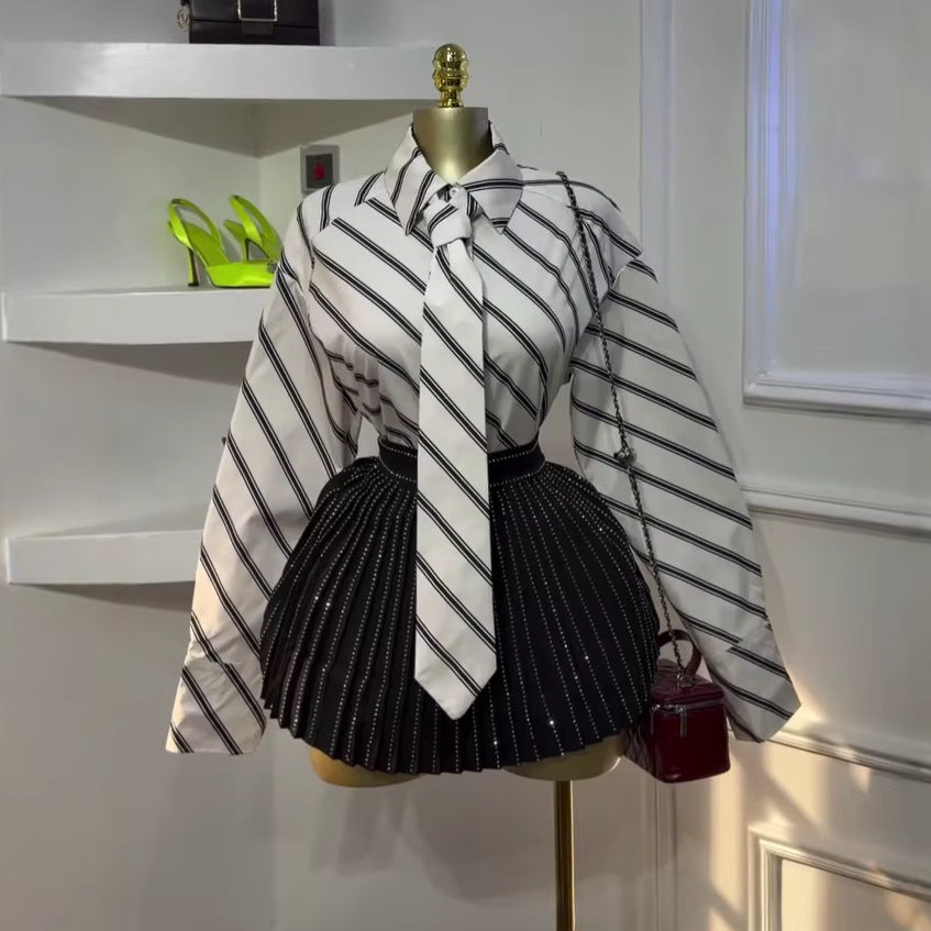 European and american cross-border women's fashion:  spring new arrival - stylish lapel tie-neck striped long-sleeve shirt top