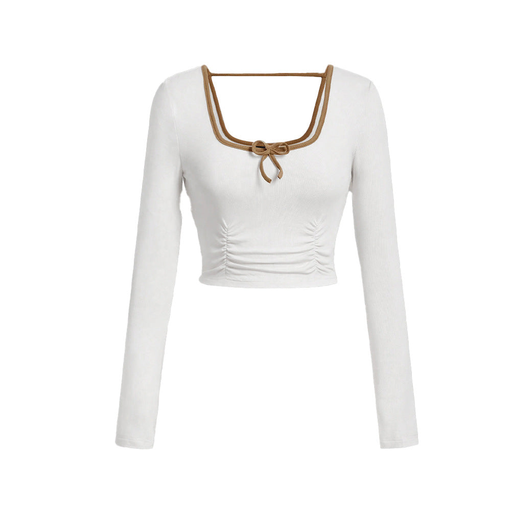 European and American  women's clothing square collar T-shirt winter new backless design pullover solid color super short top women