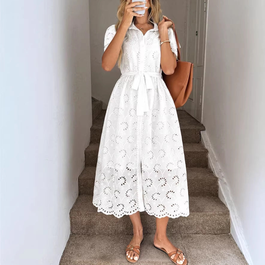 niche cutout floral lace peter pan collar short sleeve dress