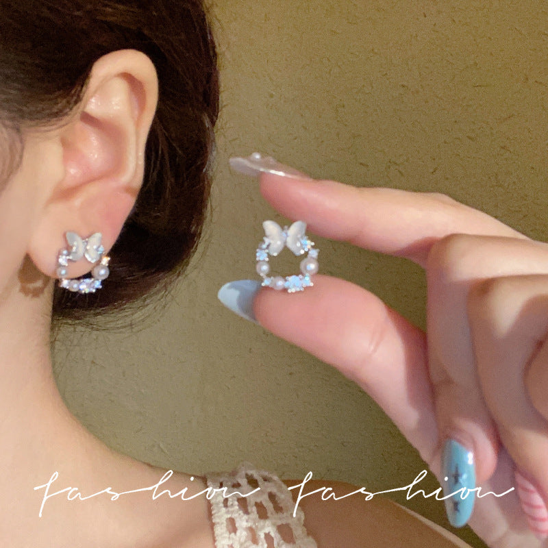 Vintage seashell butterfly pearl stud earrings - unique design, high-end elegance, delicate fairy style, petite ear accessories for women