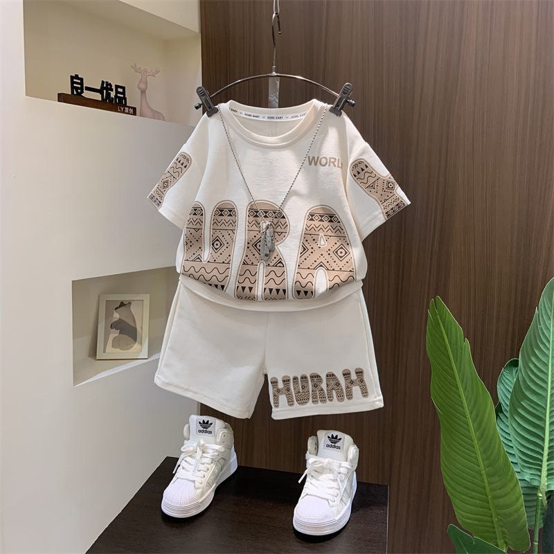 Boys' summer cool & stylish short-sleeve outfit:  new summer collection - trendy two-piece set for kids, featuring lettering and a casual, stylish look