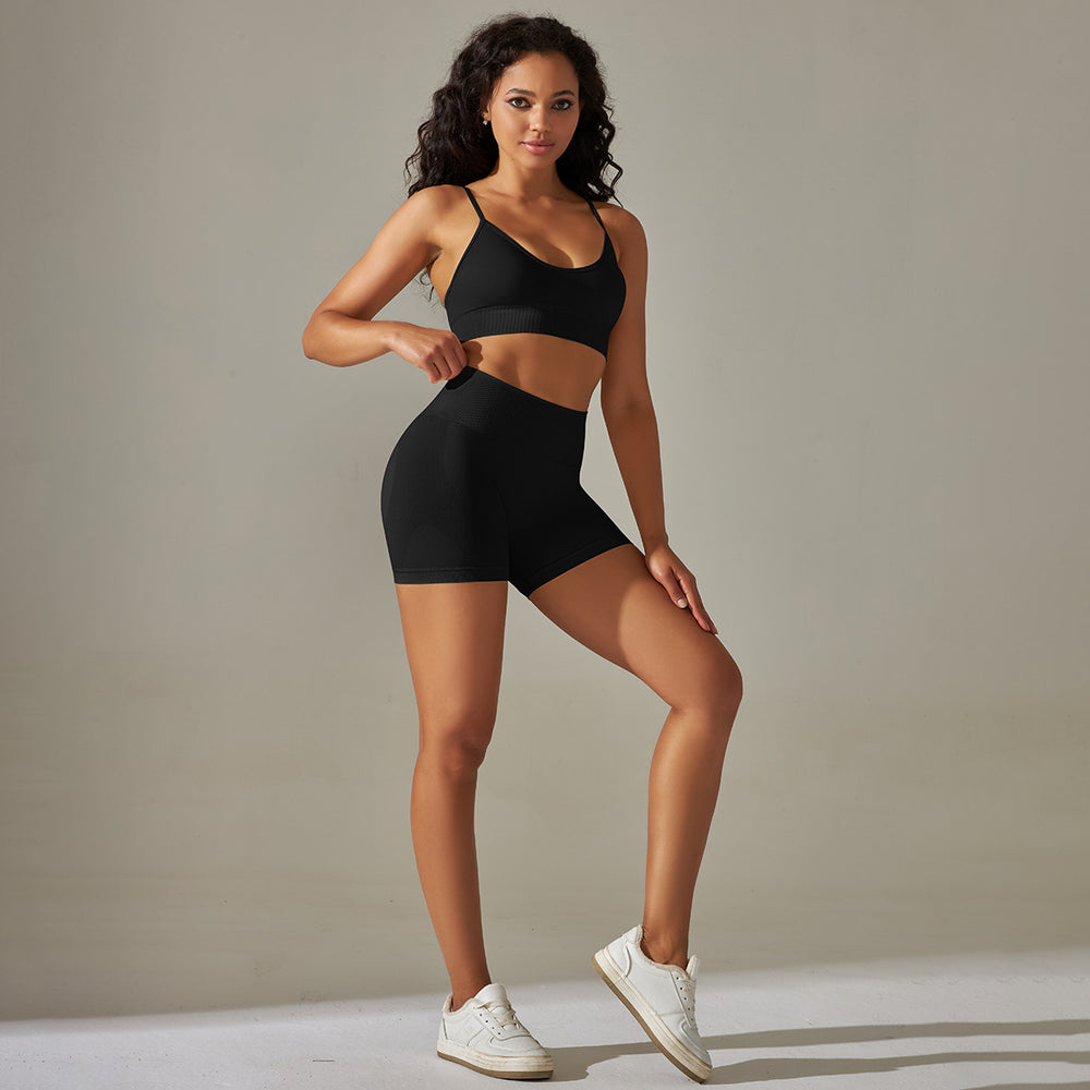 fashion seamless pure color high elastic tight peach back sports intimates yoga clothes three-quarter shortssuit for women