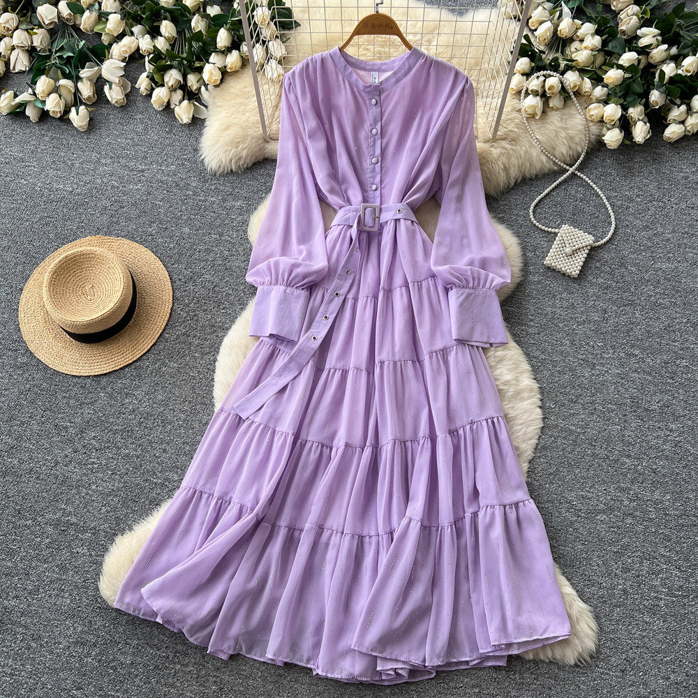 French pink bubble sleeve rhinestone dress - women's summer cinched waist ruffle tiered a-line maxi dress - elegant style