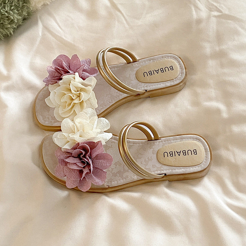 New summer fairy slippers women's summer outwear fashion two-color flower flats one-line sandals women's two-wear sandals