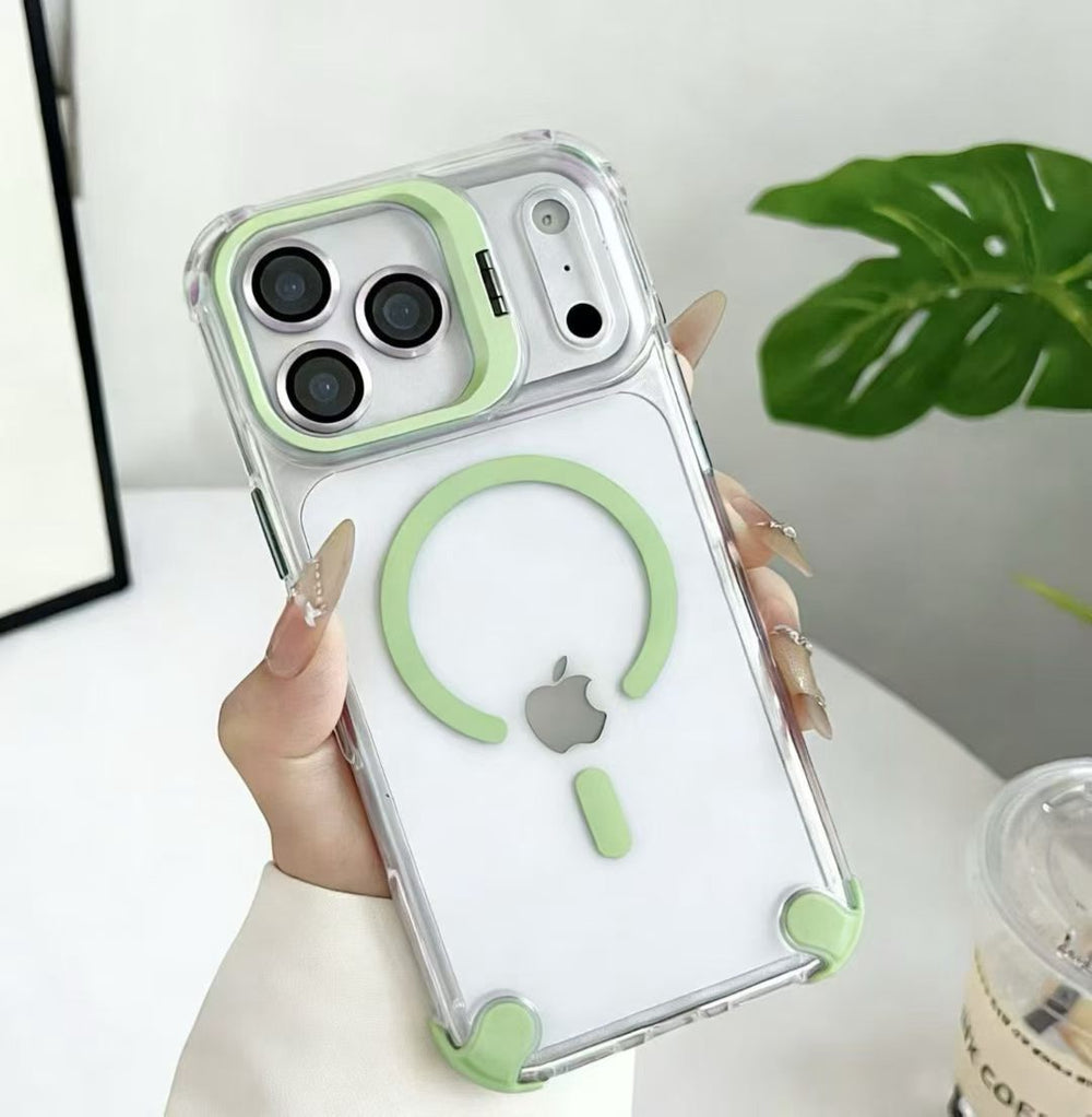 Suitable for apple 17pro metal lens holder magnetic phone case iphone14 four-corner airbag transparent hard case