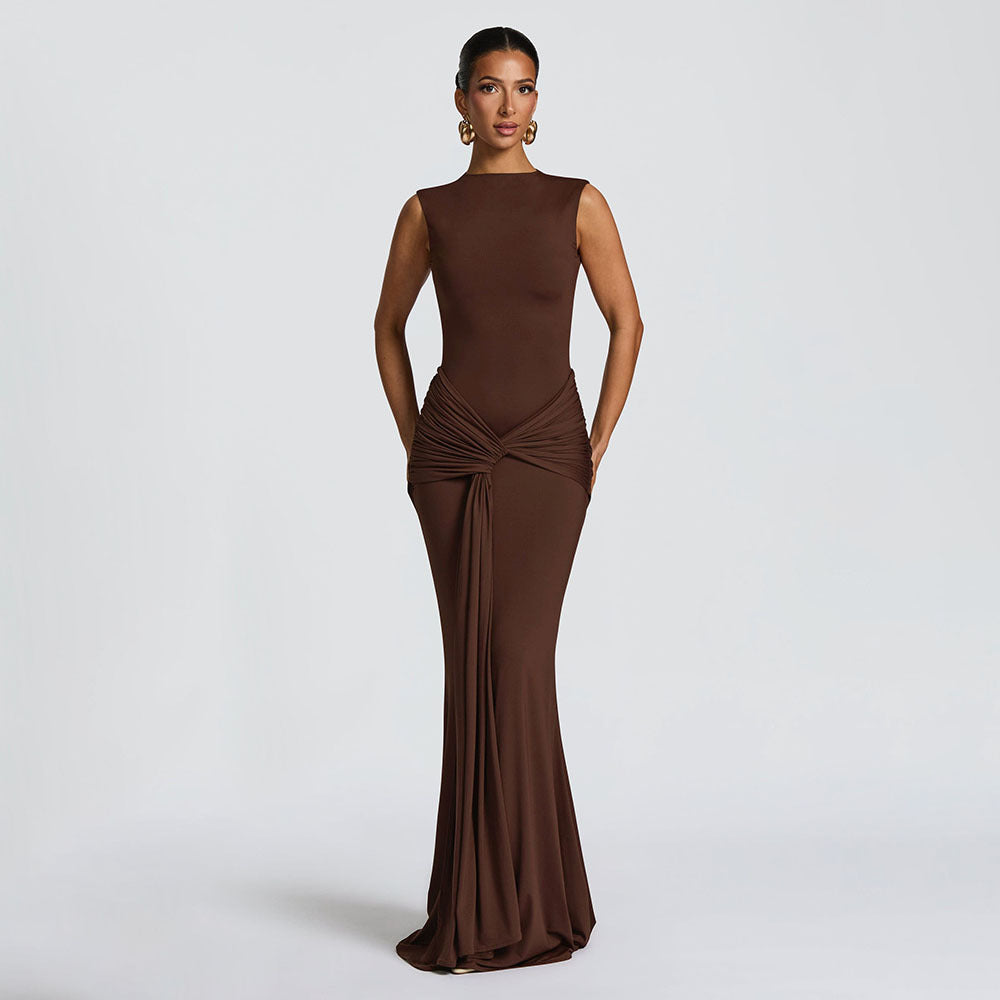 european and american autumn new arrival: fashionable solid color sleeveless ribbon dress - women's sexy backless pleated maxi dress